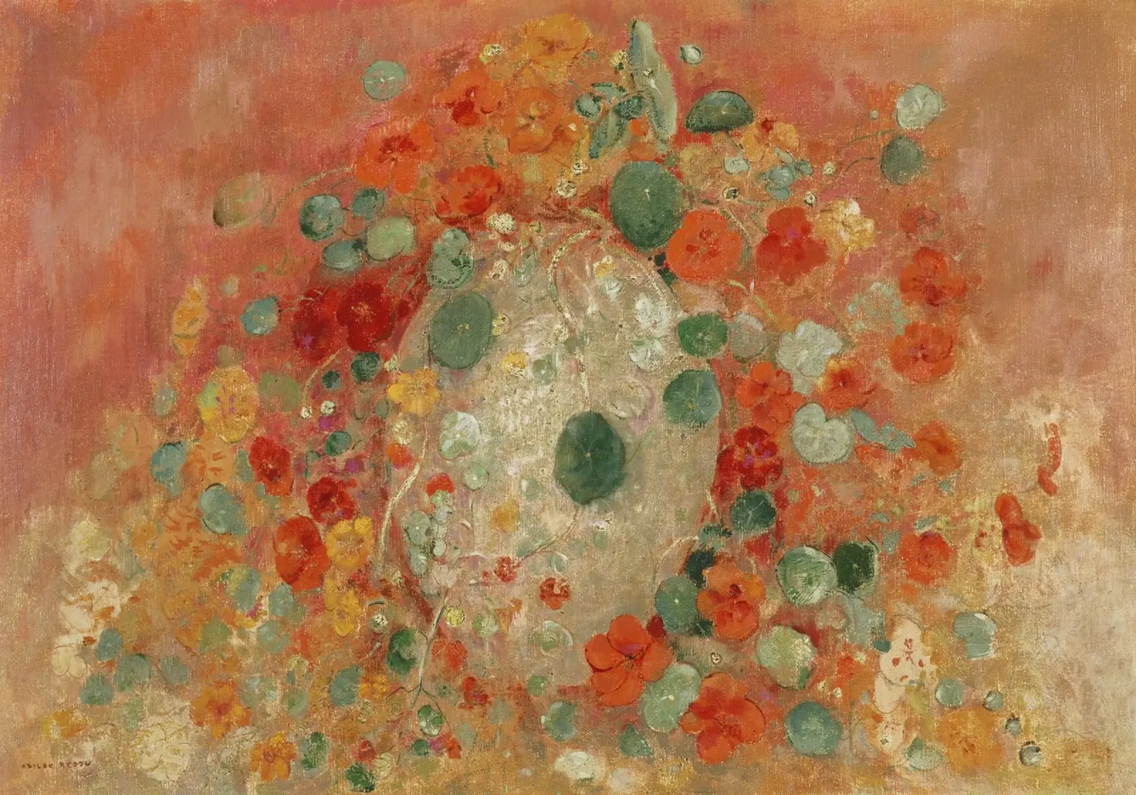 Redon Nasturtiums Symbolist Floral Art Print canvas with Floater frame by NorwesClub