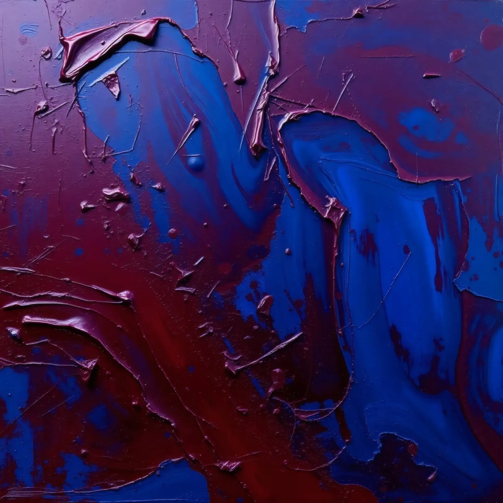 Abstract art piece with textured layers of blue and maroon hahnemühle by DesignDoodle