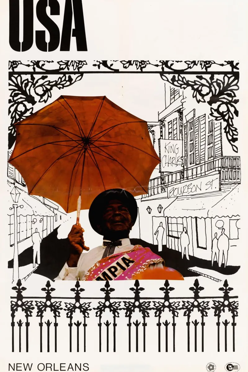 New Orleans Man met paraplu Bourbon St Poster Print canvas met Baklijst van NorwesClub