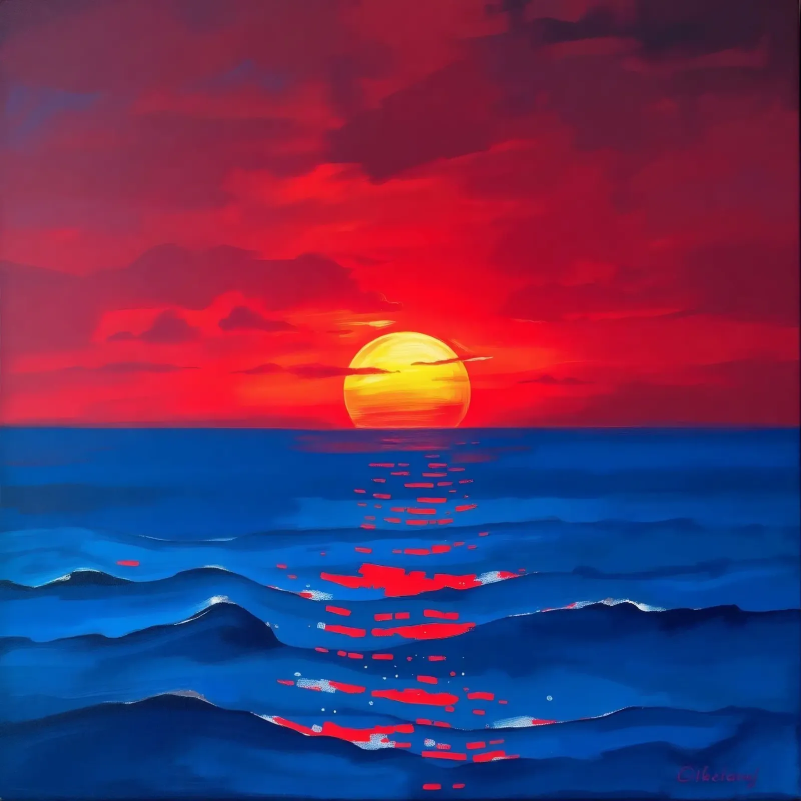 Vibrant sunset over calm ocean waves creating a serene canvas by DesignDoodle