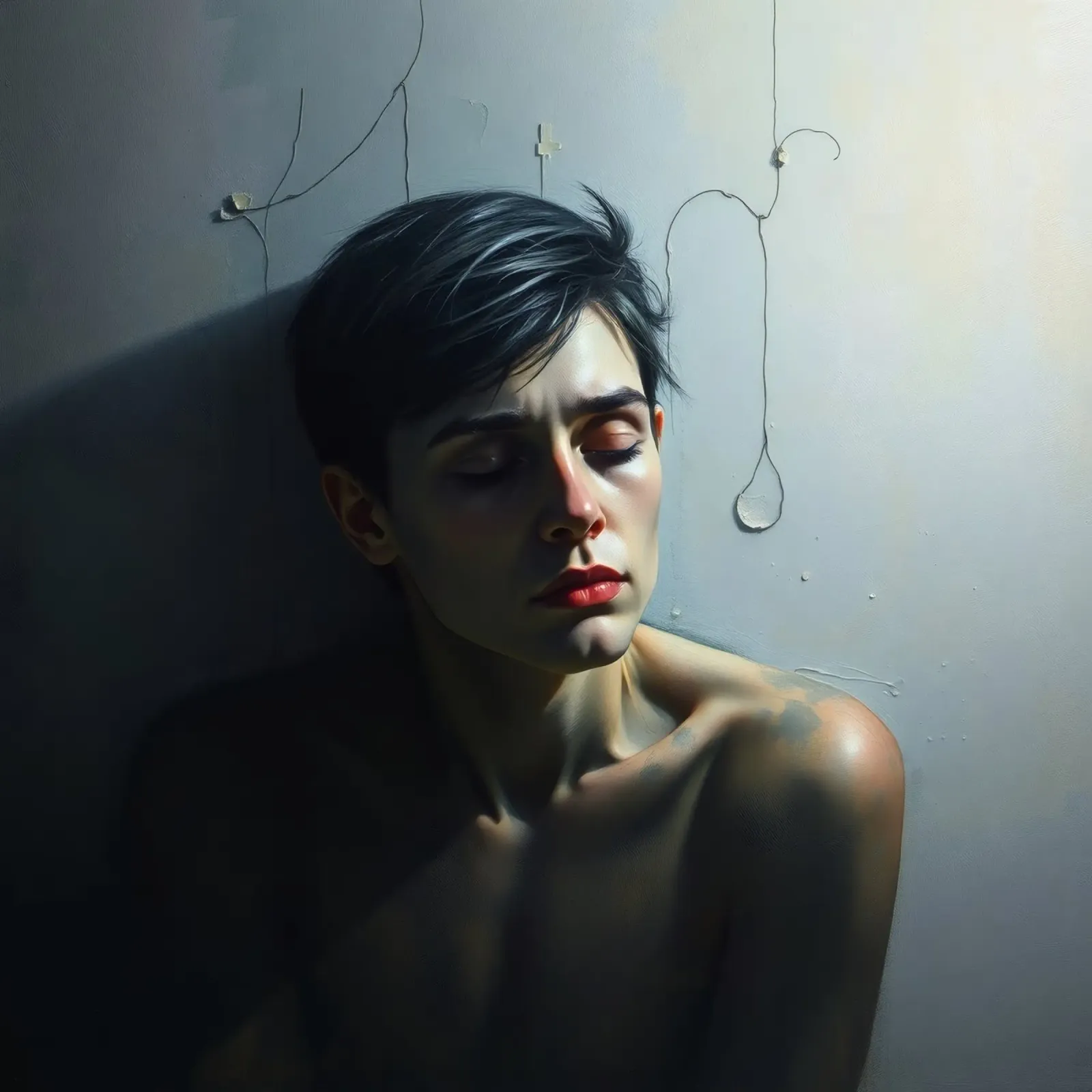 Expression of vulnerability and contemplation in a dimly lit alu-dibond by DesignDoodle