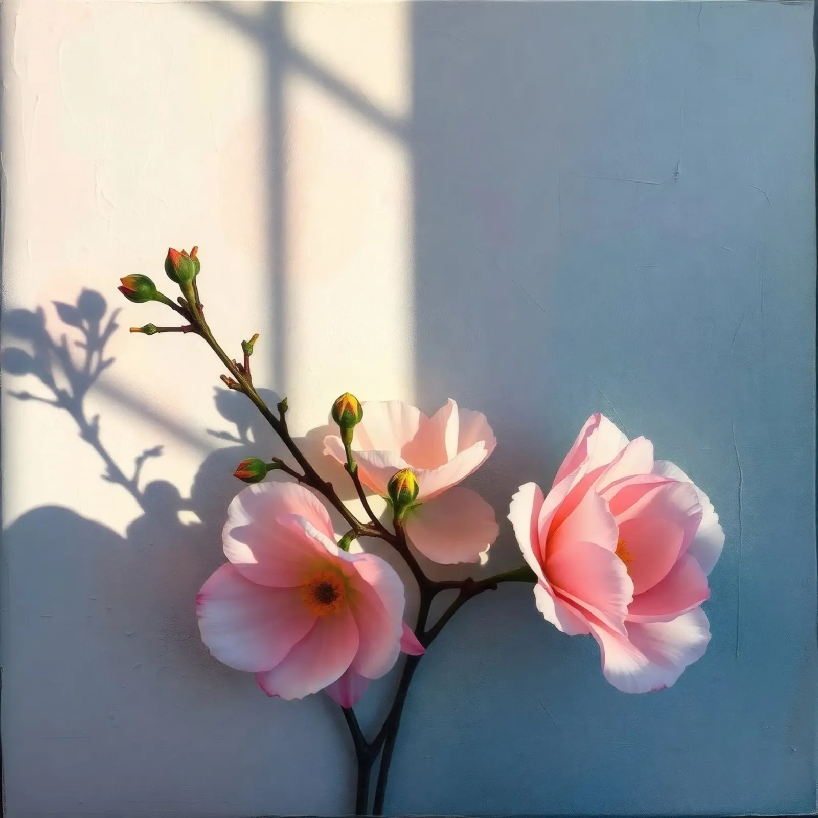 Delicati fiori rosa che proiettano ombre morbide su una parete chiara poster da DesignDoodle