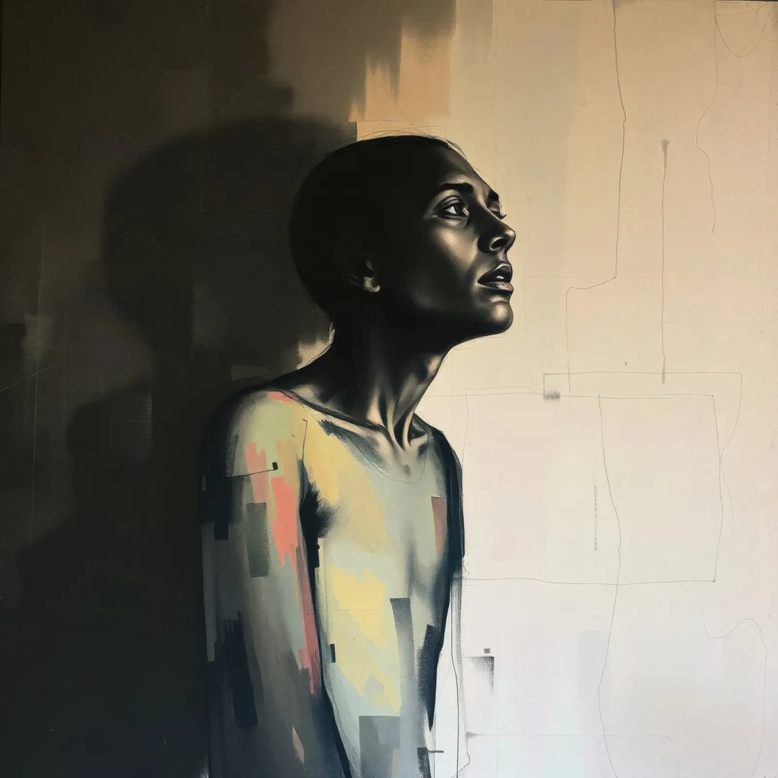 Overpeinzend portret van een omhoog starende figuur canvas van DesignDoodle