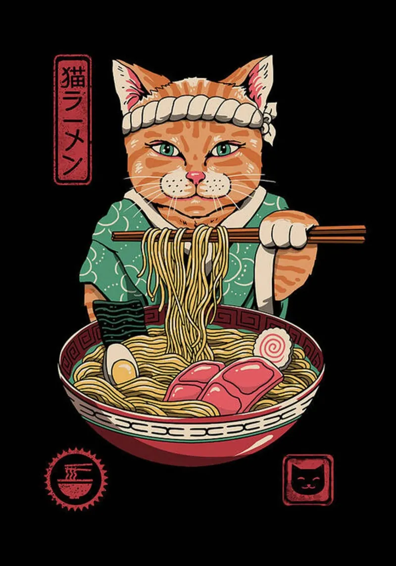 Gatto giapponese Neko Ramen poster con telaio in plastica da Michel Studio