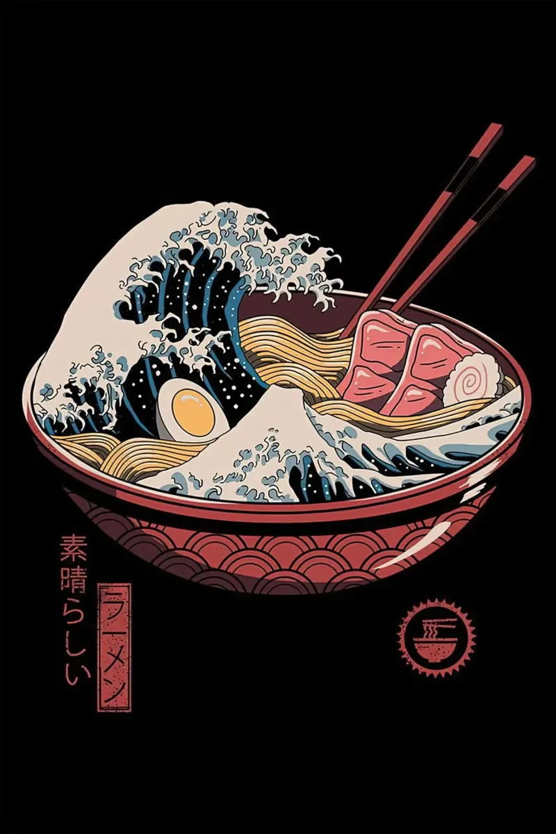 Grande onda di ramen neko poster con telaio in legno da Michel Studio