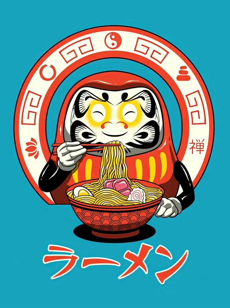 Ramen giapponese blu Shaker Neko poster con telaio in alluminio da Michel Studio