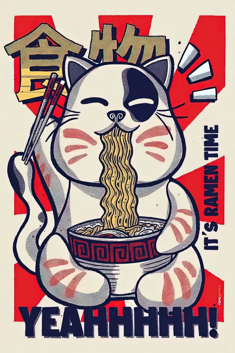 Gatto giapponese Grande Onda Neko Ramen tela con Cornice a cassetta da Michel Studio