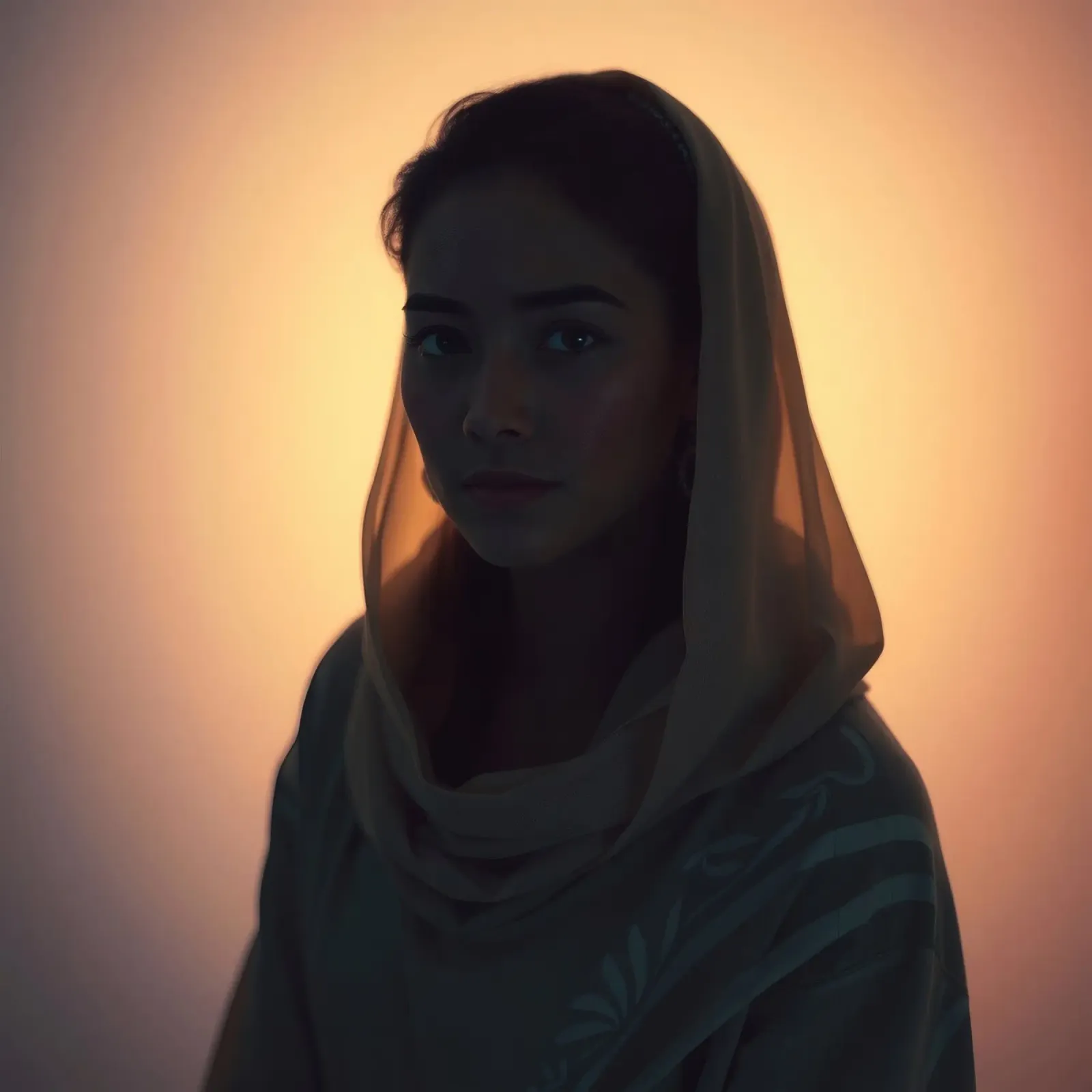 Ritratto di donna con luci soffuse e foulard pellicola backlit da DesignDoodle