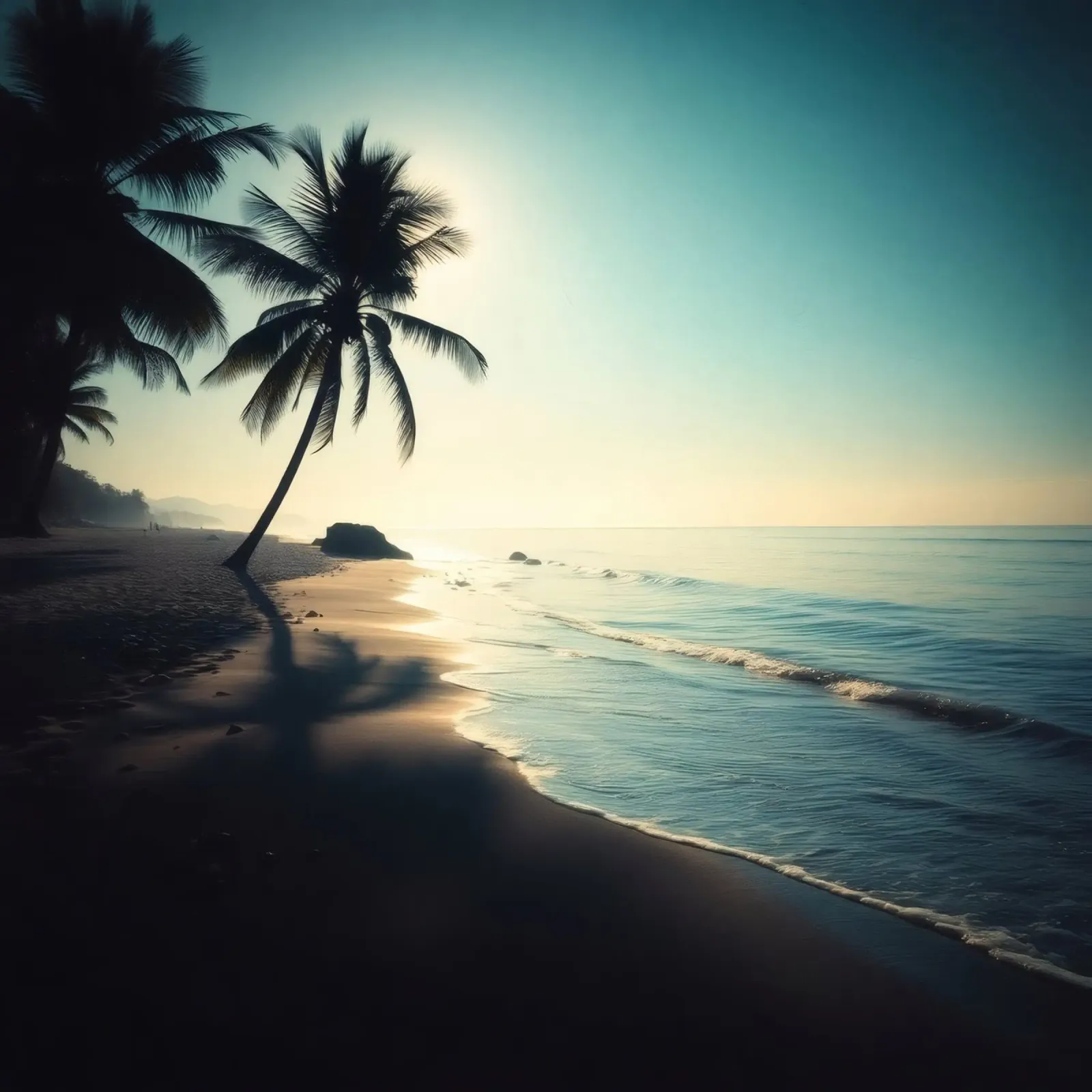 Paesaggio sereno della spiaggia al sorgere del sole con palme e dolci pellicola backlit da DesignDoodle