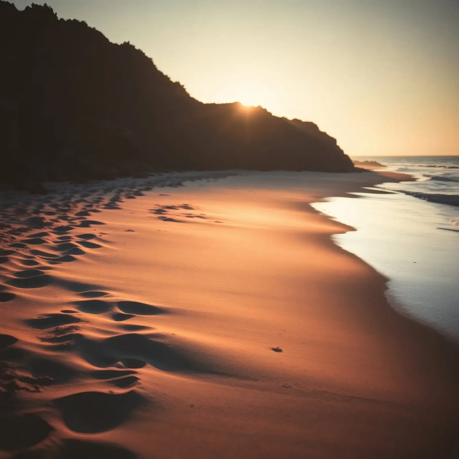 Il tramonto proietta una calda luce sulla spiaggia sabbiosa con le sue dolci onde alluminio dibond da DesignDoodle