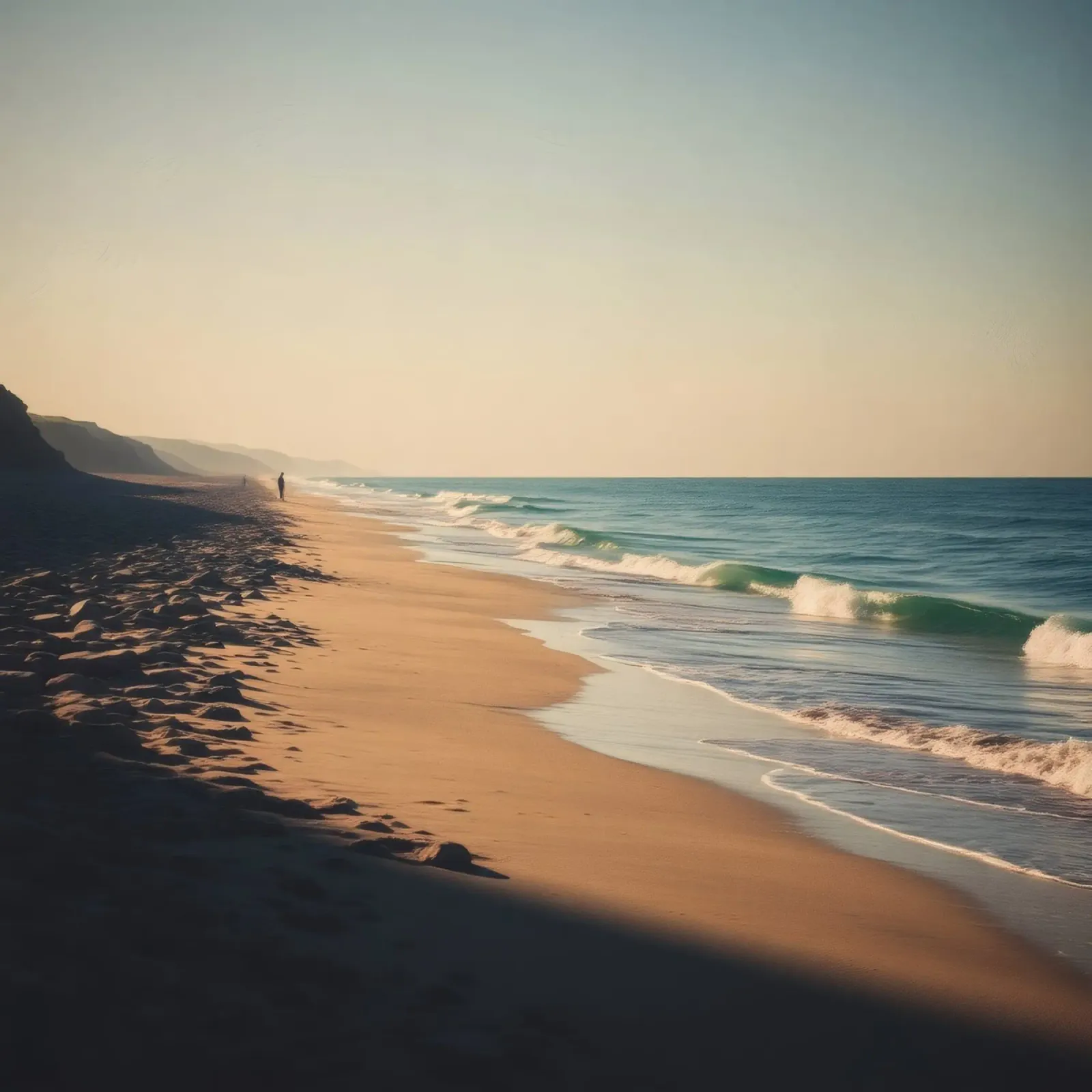 Serene beach view at sunset with gentle waves lapping hahnemühle by DesignDoodle