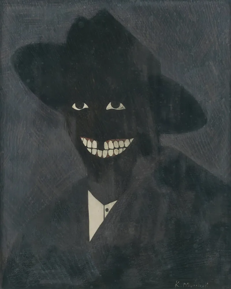 Mysterieuze Grijnzende Man Print | Duistere Expressieve Kunst canvas met Baklijst van NorwesClub