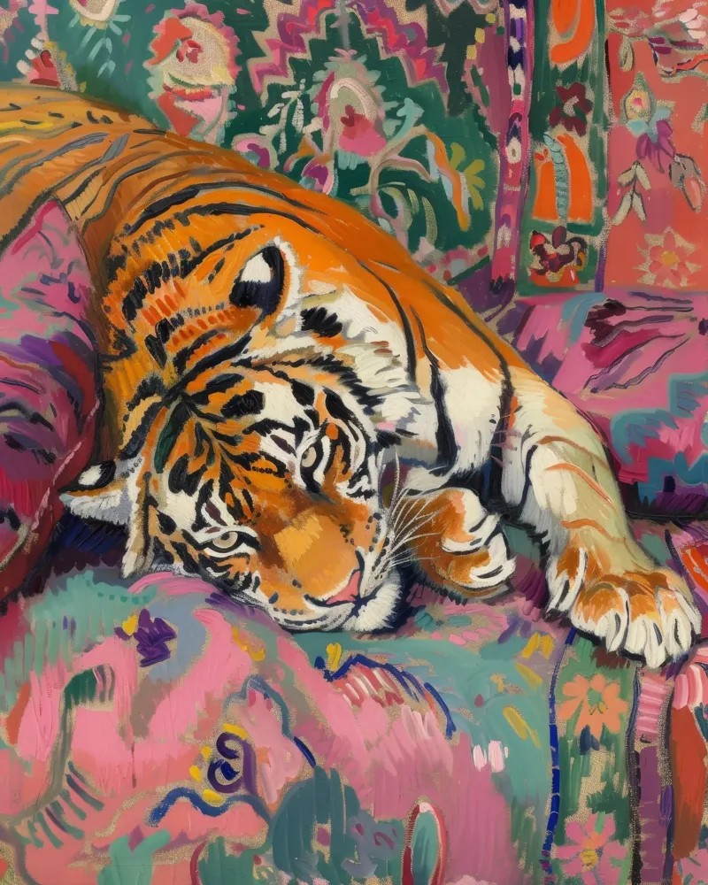 Tiger on Couch Print | Vibrant Maximalist Animal Art poster con marco de madera de NorwesClub