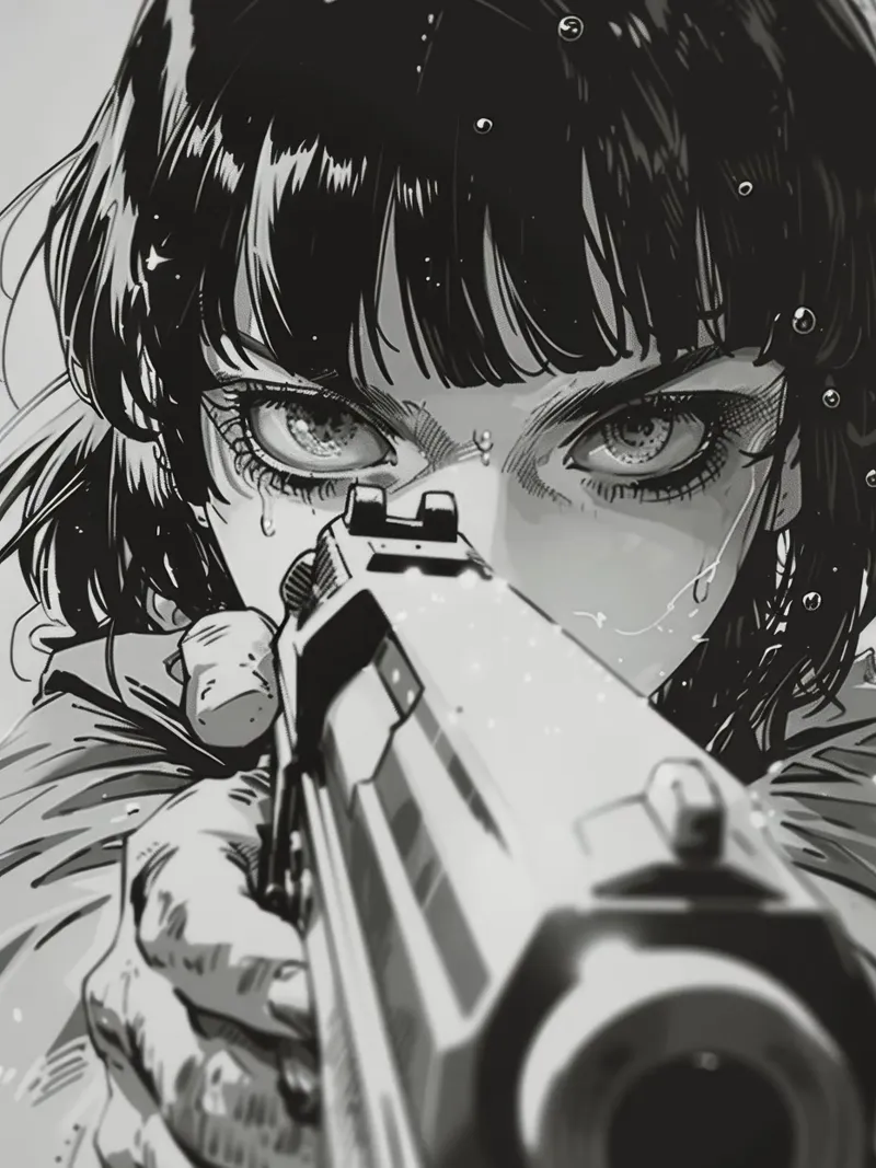 Intense Gaze with Gun | Monochrome Illustration Print hahnemühle by NorwesClub