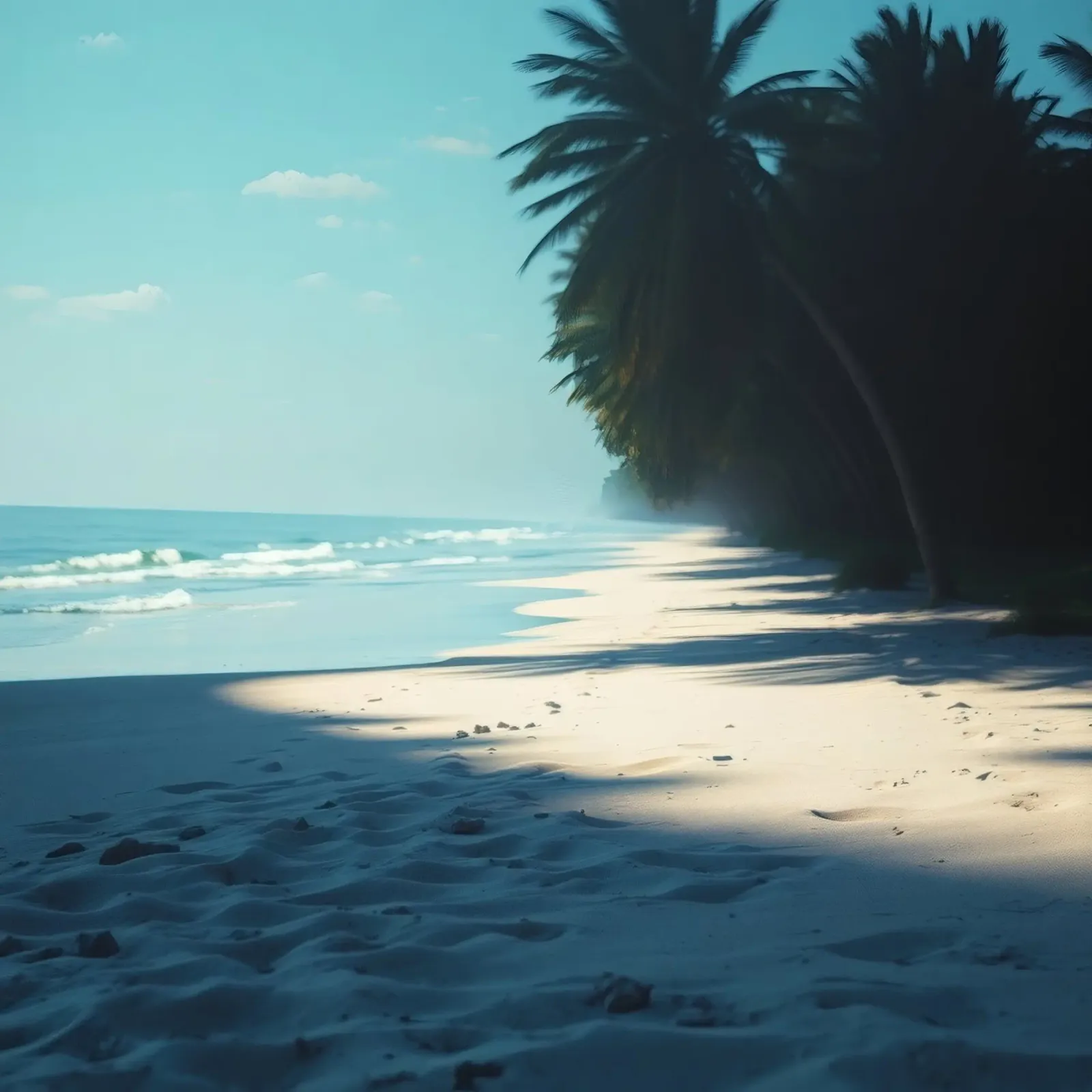 Serene beach with palm trees and gentle waves under a clear canvas by DesignDoodle