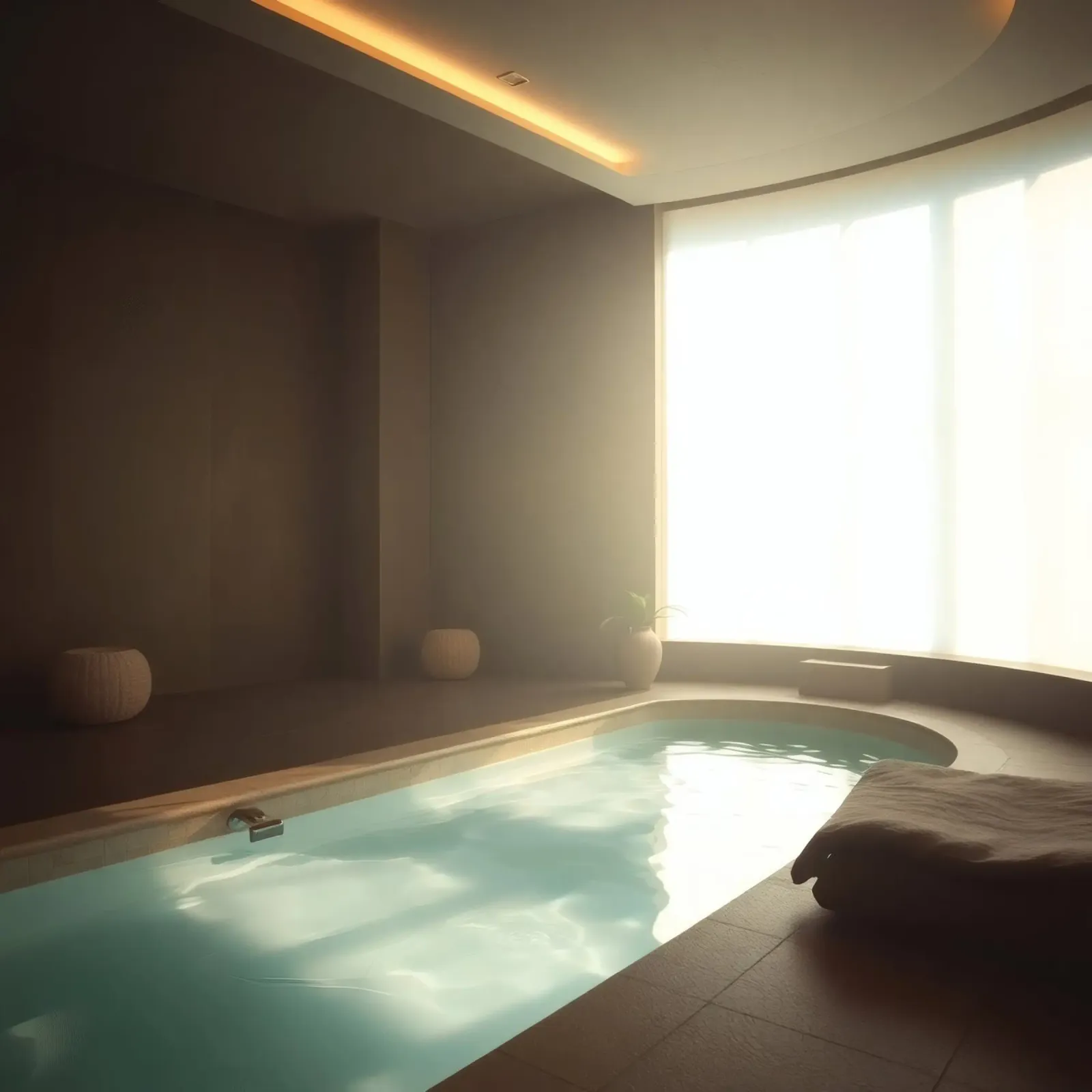 Relaxation space with indoor pool and natural light canvas with Floater frame by DesignDoodle