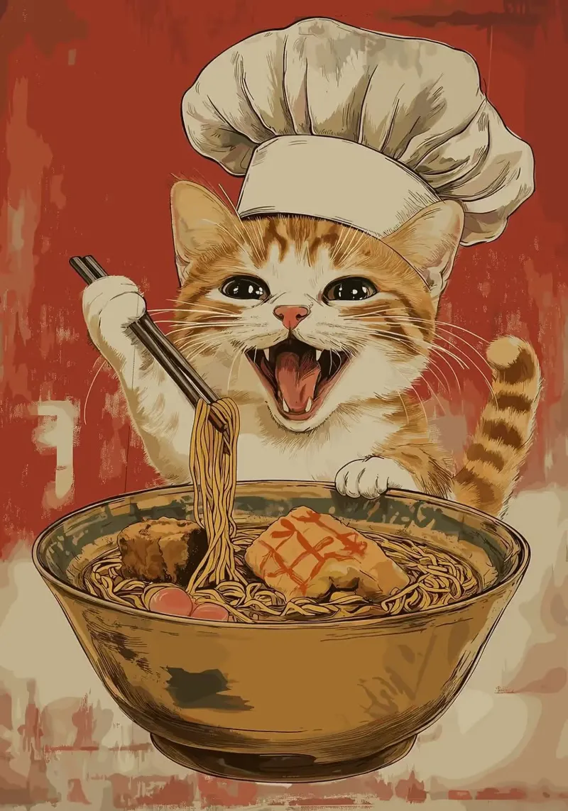 Chef Cat Ramen pellicola backlit da Margaret Marie Ostrout