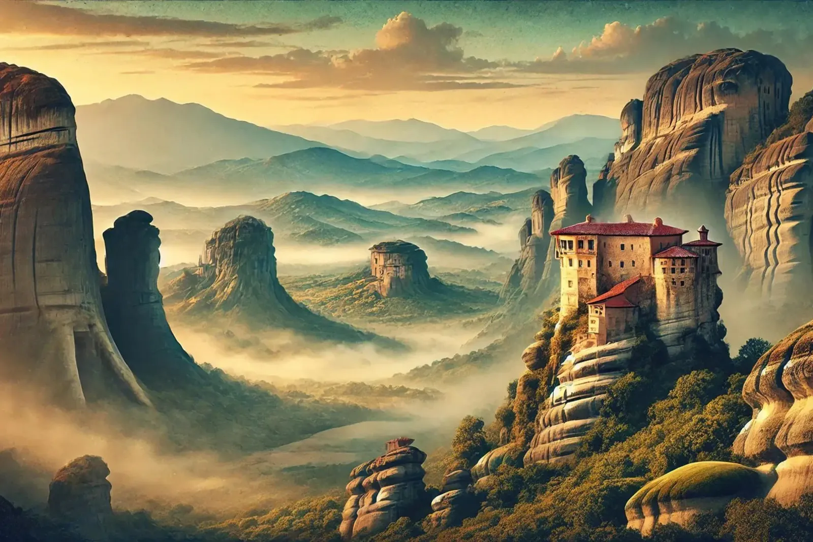 Poster d'epoca Grecia, Monasteri di Meteora pellicola backlit da Chromatic Fusion Studio