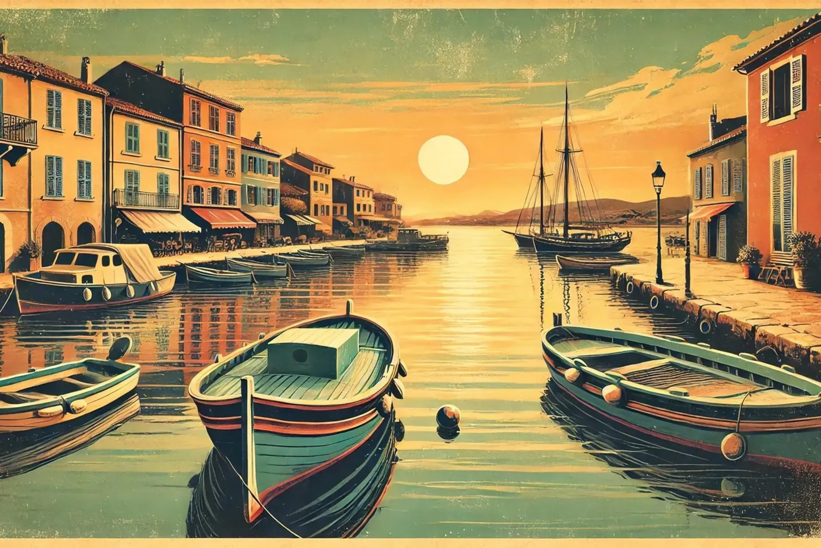 Poster d'epoca sul tramonto del porto poster con telaio in alluminio da Chromatic Fusion Studio