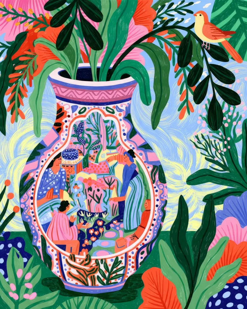 Exotic Vase Fantasy canvas with Floater frame by Murni Strokes