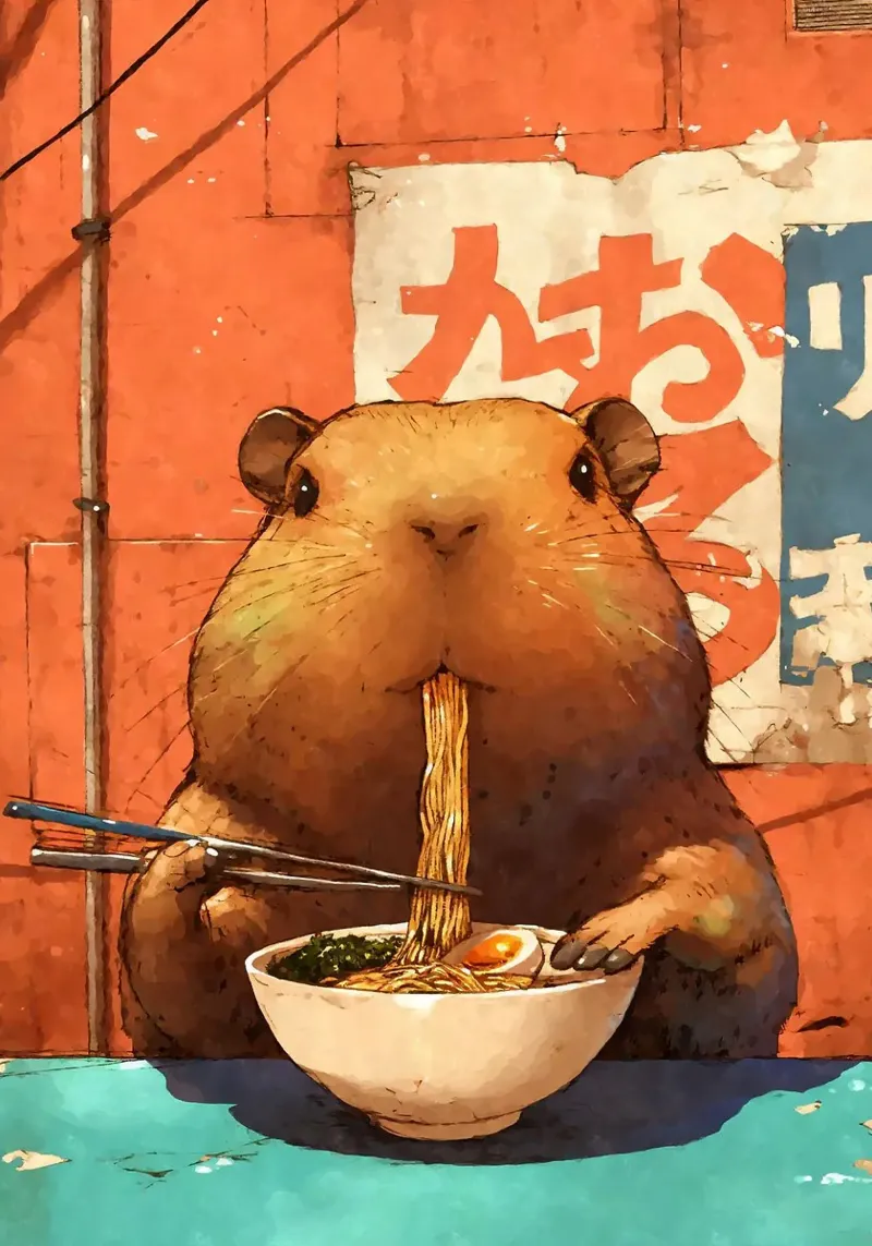 Tagliatelle di ramen Capybara pellicola backlit da Margaret Marie Ostrout