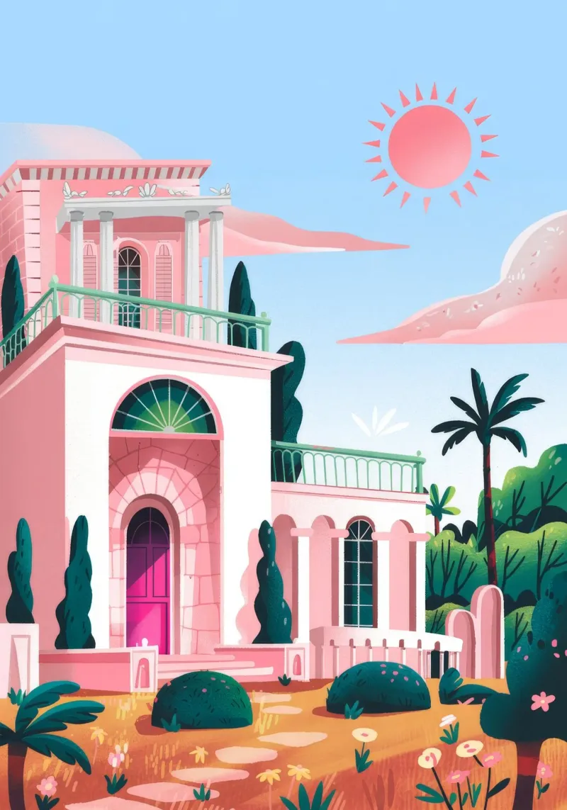 Majestueuze Zonsondergang Villa poster met aluminium frame van Murni Strokes