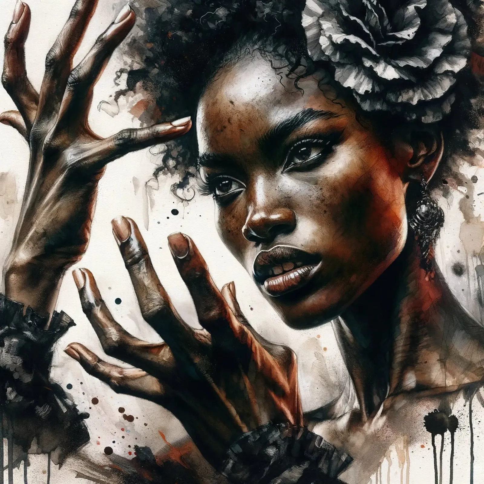 Acquerello Ballerina di flamenco afroamericana pellicola backlit da Chromatic Fusion Studio
