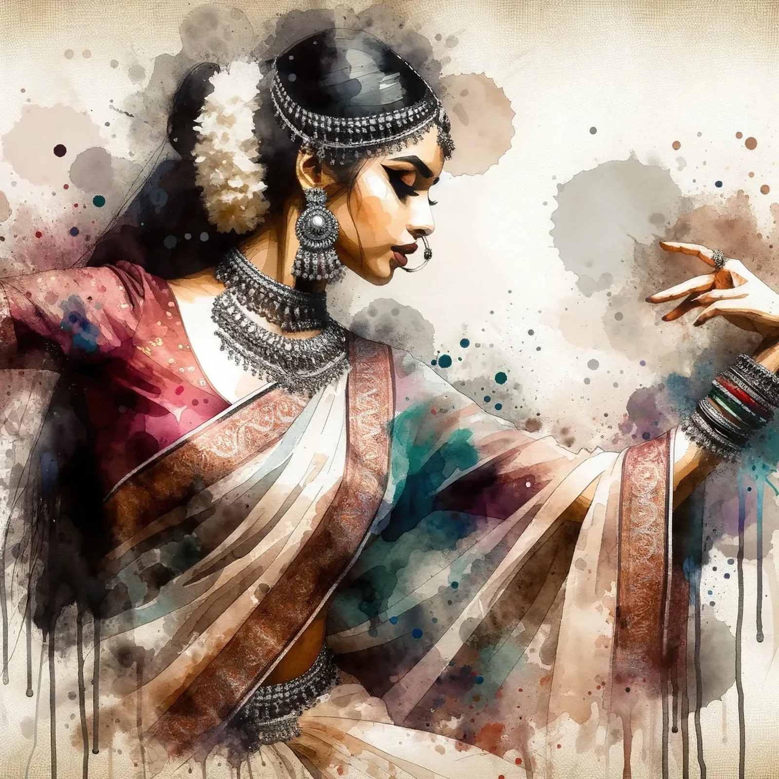 Aquarel Indiaanse Vrouw Danseres poster met kunststof frame van Chromatic Fusion Studio