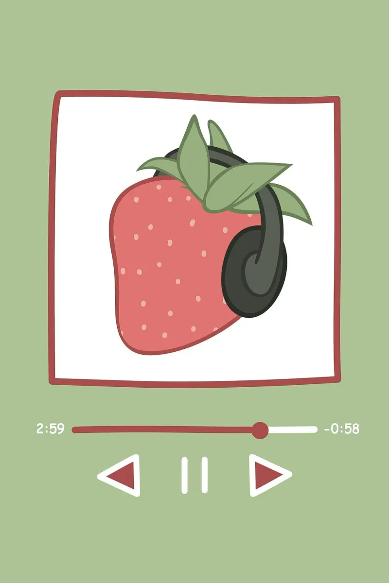 Fragola con le cuffie | Arte musicale stravagante poster con telaio in legno da NorwesClub