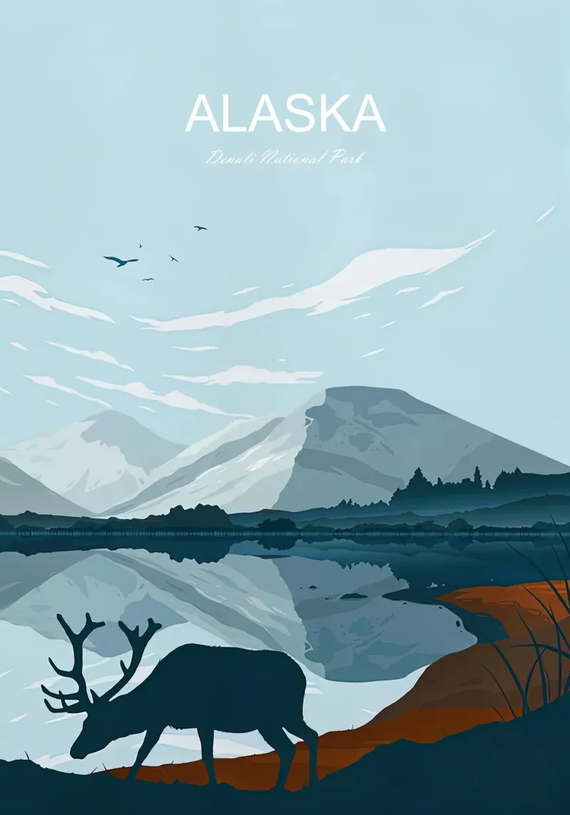 Parco nazionale di Denali, Alaska Viaggio d'epoca poster da Liliestudio