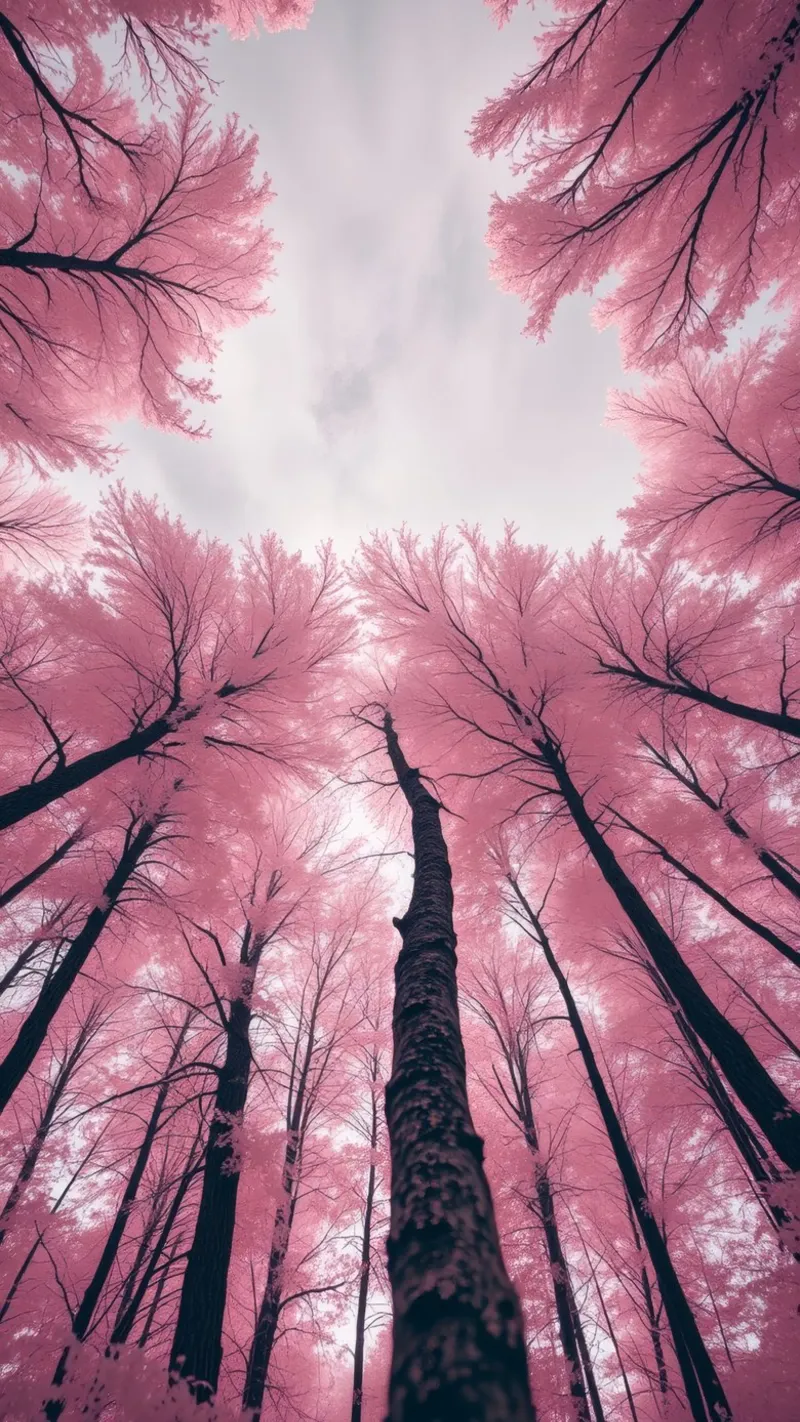 Vibrant abstract pink trees against a cloudy sky hahnemühle by DesignDoodle