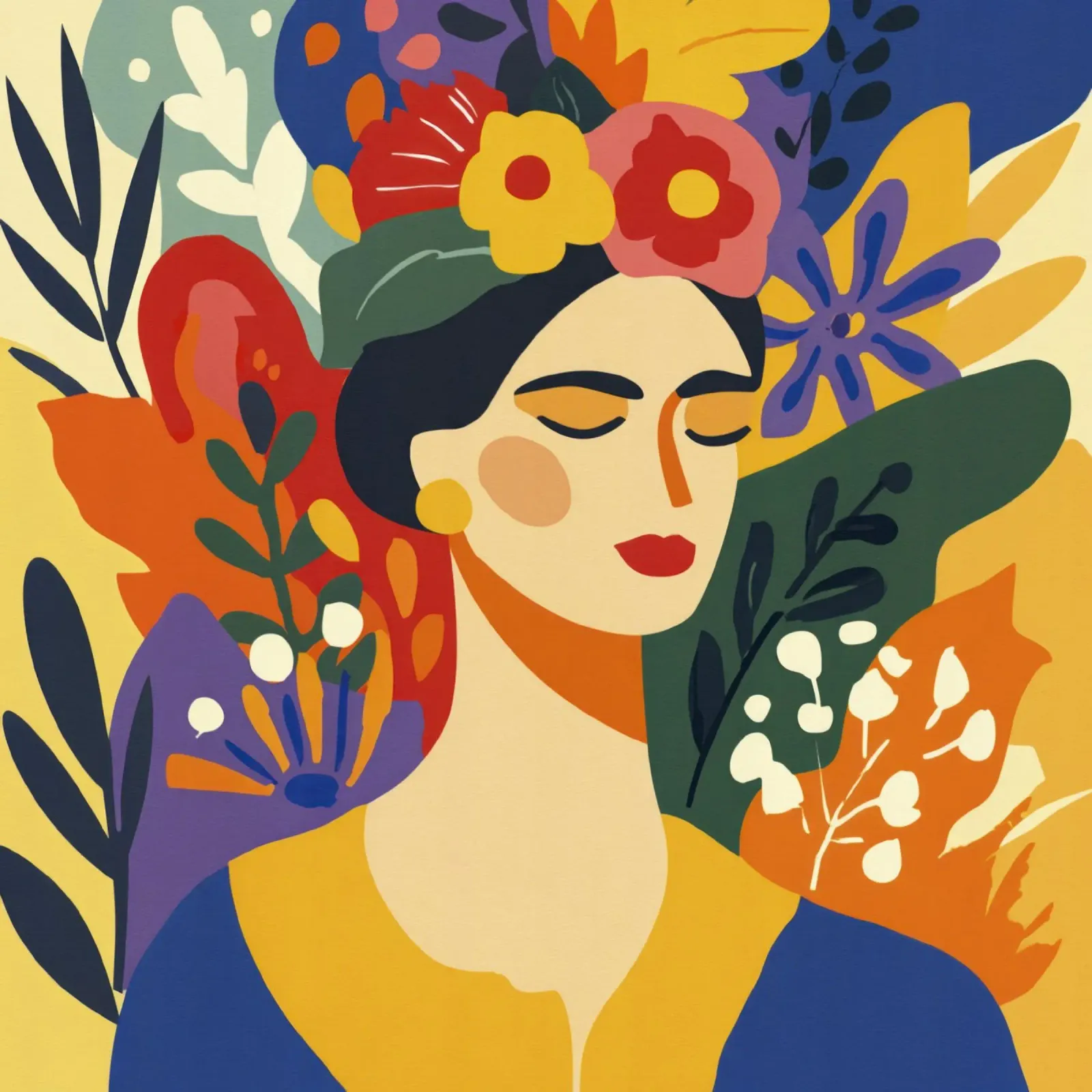 Donna moderna del Medioevo con corona floreale, toni della terra poster con telaio in legno da Modern Muse