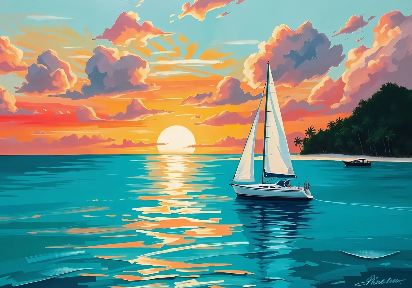 sunset sailboat ocean palm trees hahnemühle by Dale Edward YoungJr