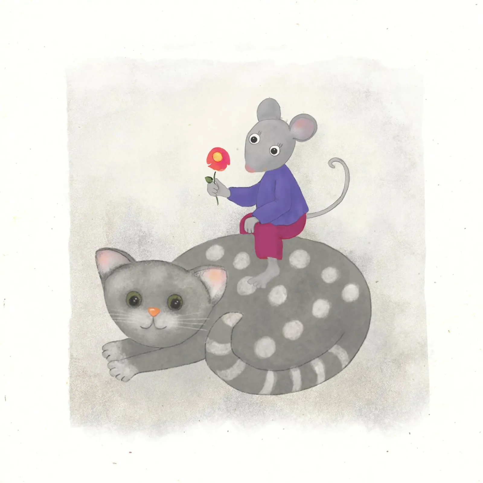 Maus sitzt auf Katze, Kindermotiv hahnemühle by Farbwelten
