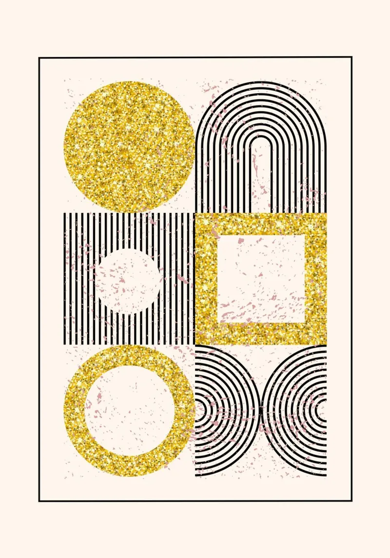 Stampa geometrica astratta di forme glitterate in oro poster con telaio in legno da NorwesClub