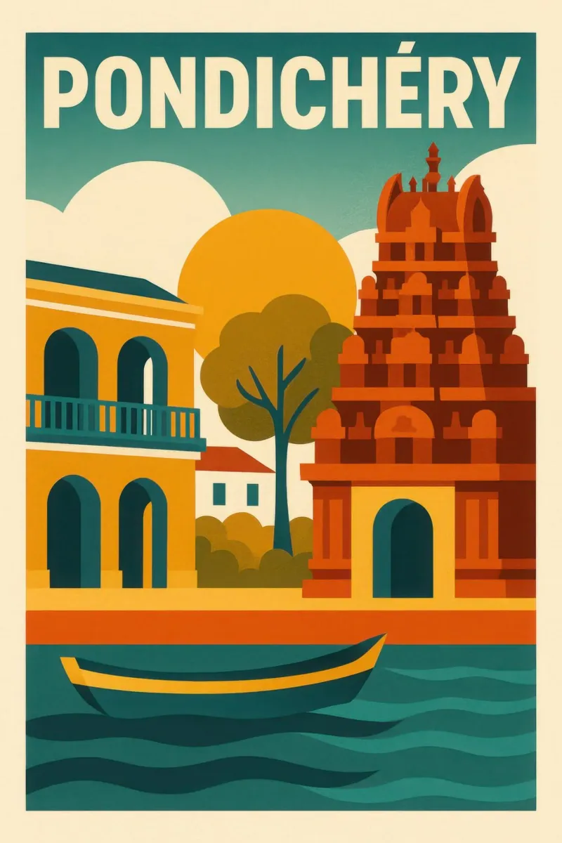 Pondicherry, tra templi e passeggiate coloniali poster con telaio in alluminio da JETLAG | affiches voyage