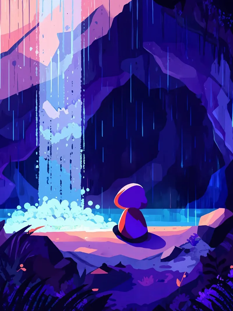 Alte Frau, die in der Nähe eines Wasserfalls sitzt Lofi Art Poster mit Holzrahmen von LoFi Gallery