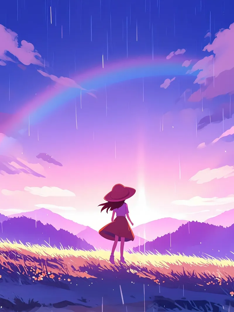 Una ragazza in piedi e guardando l'alba e l'arcobaleno Lofi Art pellicola backlit da LoFi Gallery