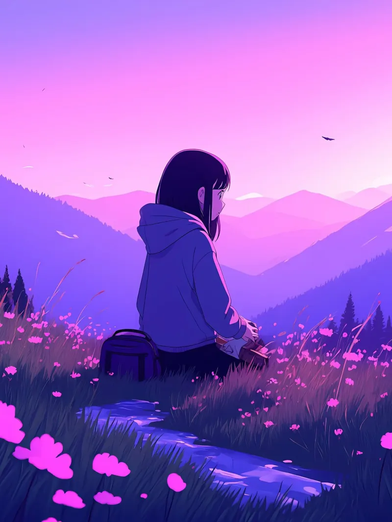 Ein Schulmädchen auf der Suche nach floralen Landschaften in den Bergen Lofi Art Hahnemühle von LoFi Gallery