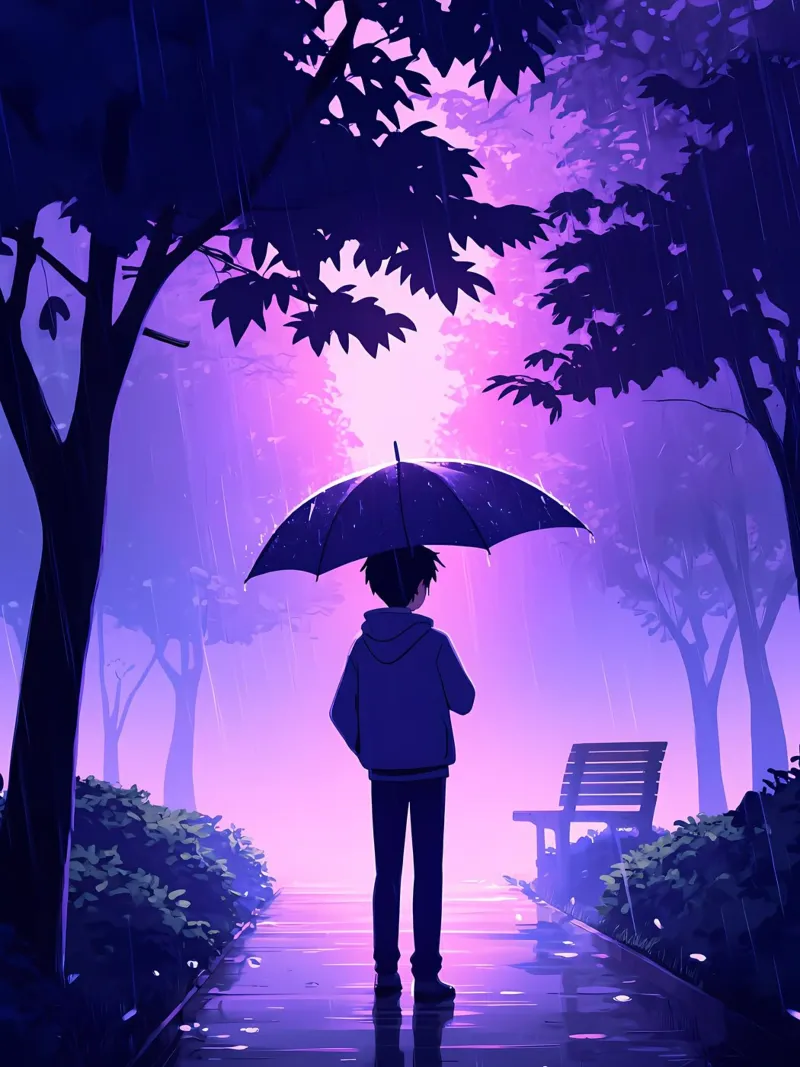 Un ragazzo con ombrello in piedi nel parco di notte pioggia Lofi Art plexiglass da LoFi Gallery