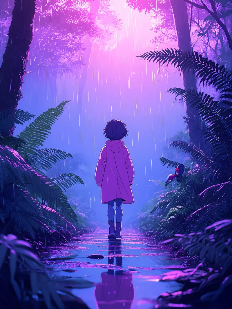 Una ragazza in piedi in una giungla in una notte di pioggia Lofi Art poster da LoFi Gallery