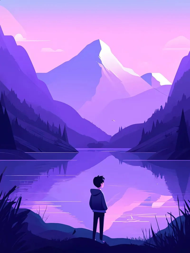 Un ragazzo in piedi vicino a un lago di montagna Lofi Art poster con telaio in plastica da LoFi Gallery