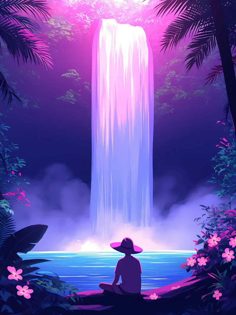 Ein Junge sitzt in der Nähe eines Wasserfalls Lofi Art Hahnemühle von LoFi Gallery