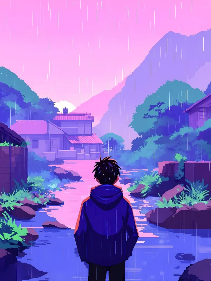 Un ragazzo che cammina verso il villaggio Lofi Art pellicola backlit da LoFi Gallery