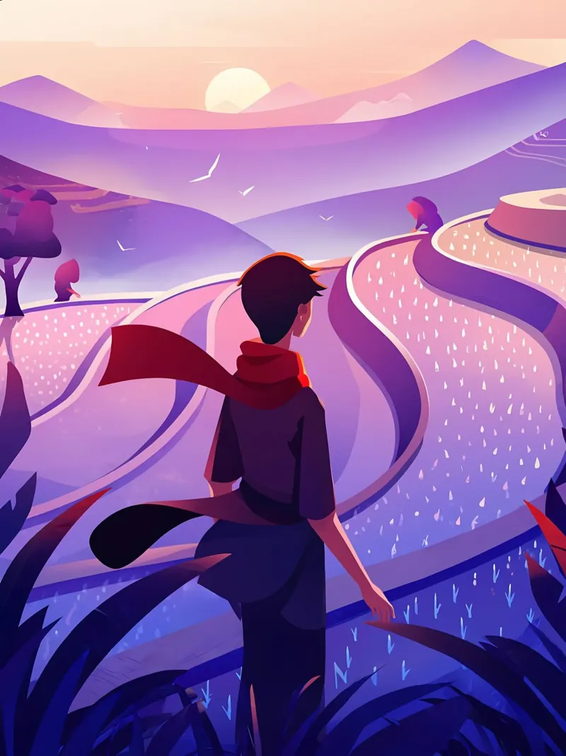 A Boy Walking Near Terraced Fields Lofi Art canvas with Floater frame by LoFi Gallery