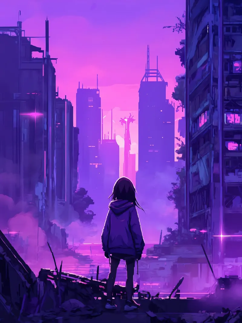 Een meisje op tijdreis naar post-apocalyps stad Lofi kunst poster van LoFi Gallery