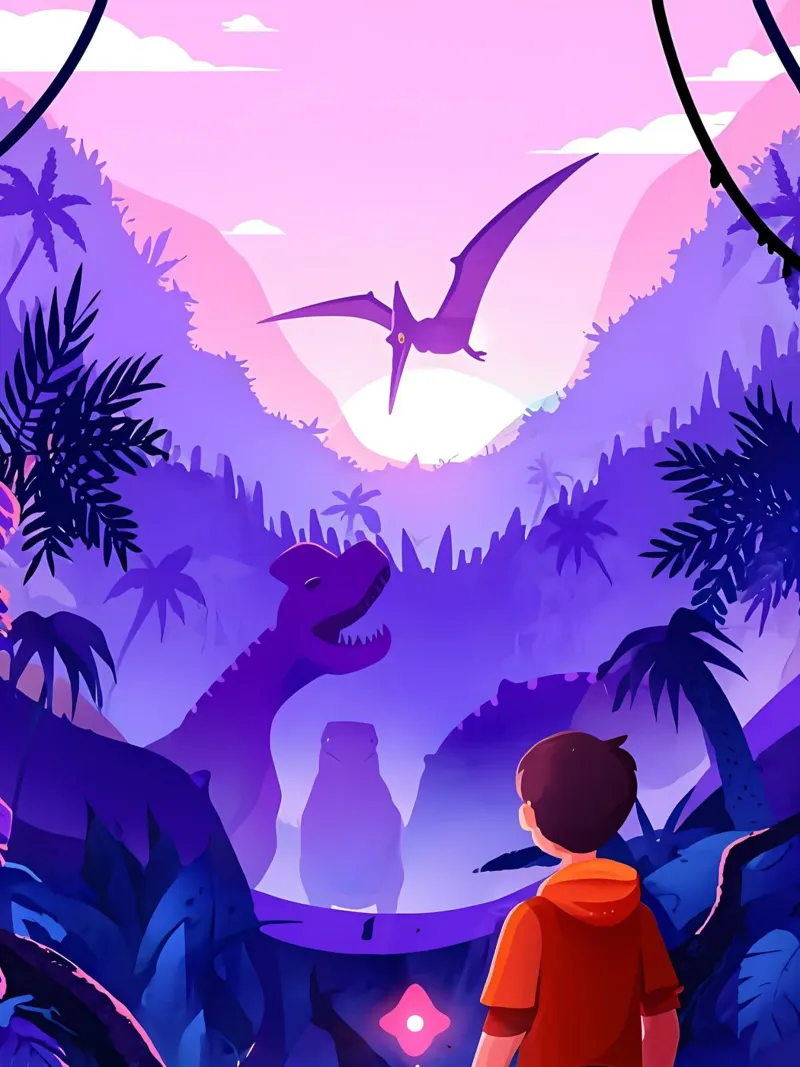 Un ragazzo che viaggia nel tempo per vedere il mondo dei dinosauri Lofi Art poster con telaio in plastica da LoFi Gallery