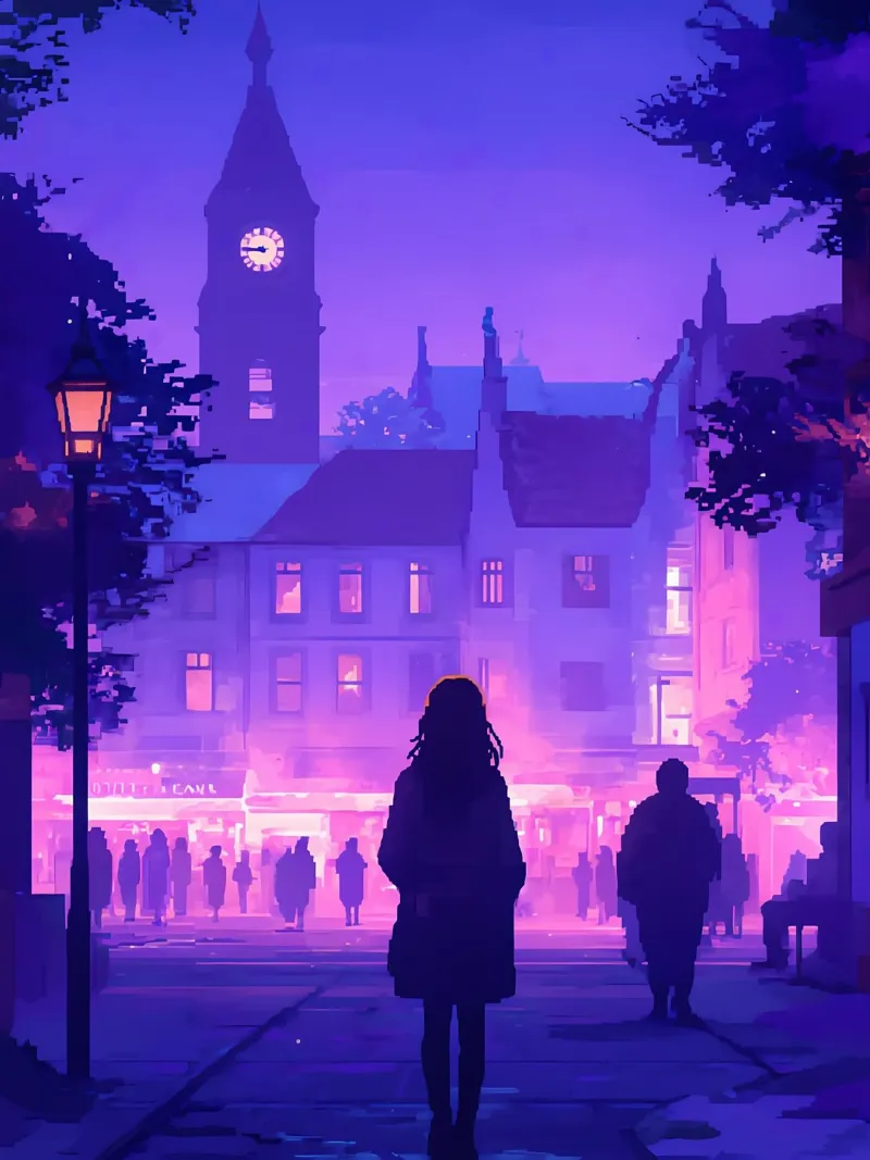 Mujer caminando hacia la torre del reloj Lofi Art lienzo con Marco flotante de LoFi Gallery