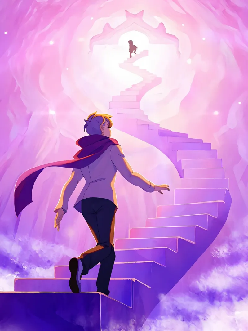 Un ragazzo che sale le scale del cielo Lofi Art poster da LoFi Gallery