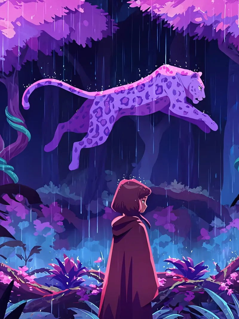 Une fille face à un léopard dans une forêt pluvieuse Lofi Art hahnemühle de LoFi Gallery
